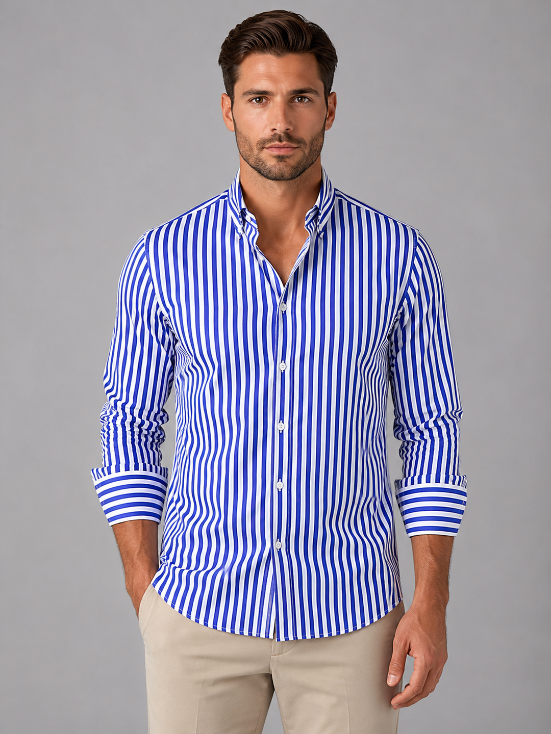 Men's Casual Cotton Striped Long Sleeve Shirt