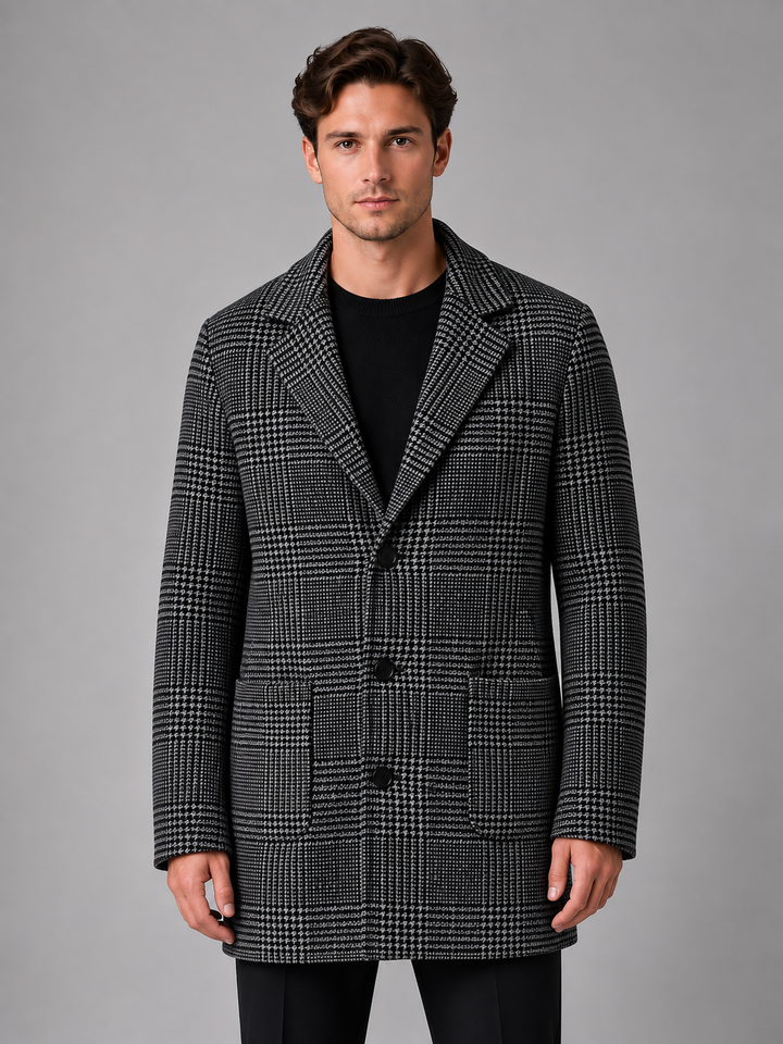 Men's Classic Wool Blend Checked Longline Overcoat