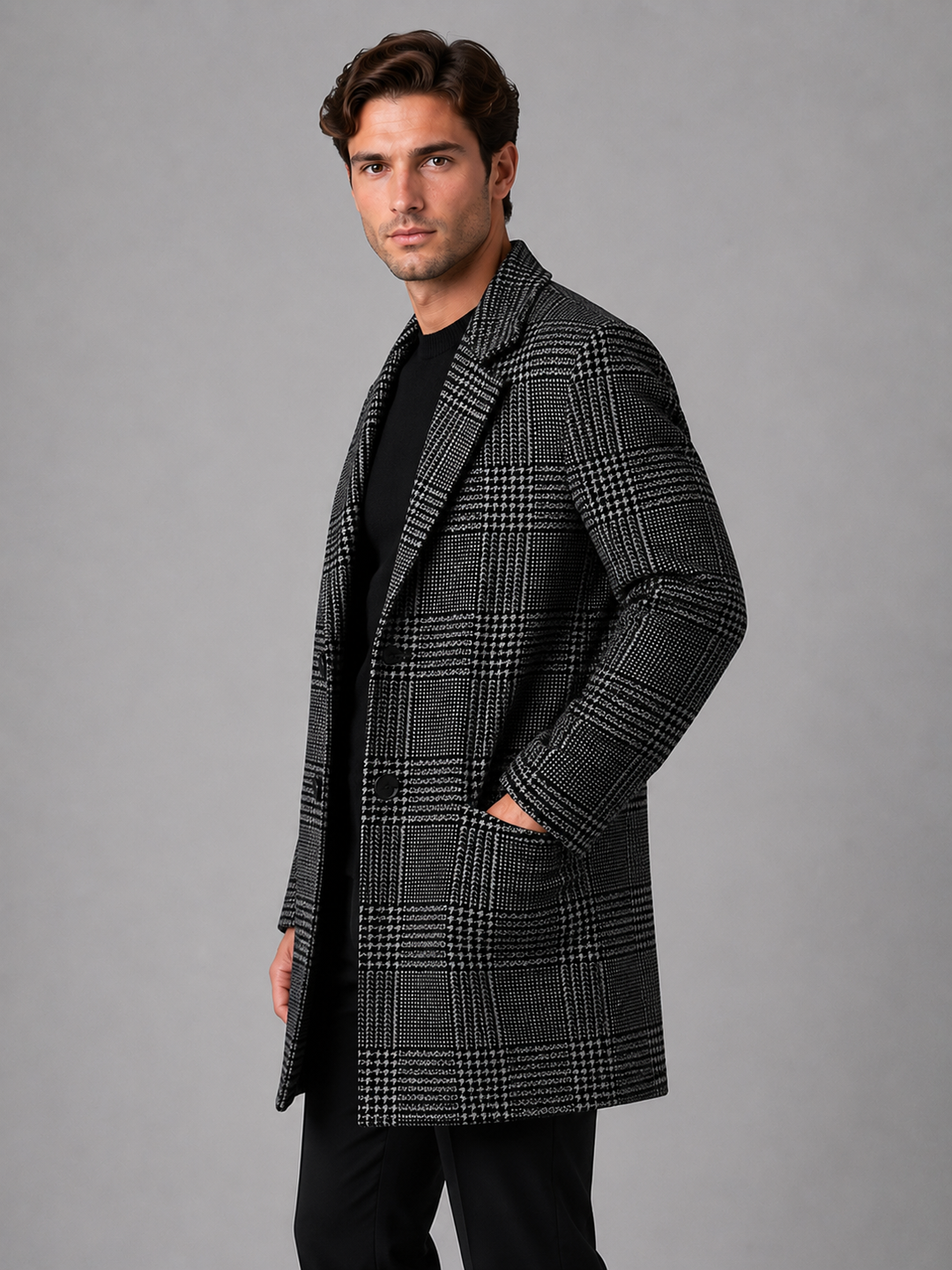 Men's Classic Wool Blend Checked Longline Overcoat