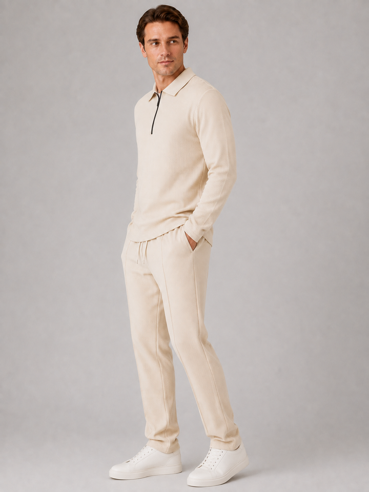 Men's Casual Textured Cotton Polo Shirt and Trousers Set