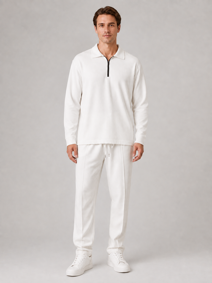 Men's Casual Textured Cotton Polo Shirt and Trousers Set