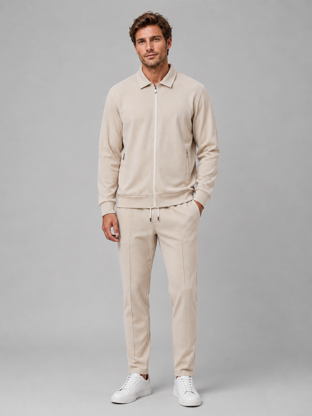 Men's Casual Textured Zip Jacket and Trousers Set