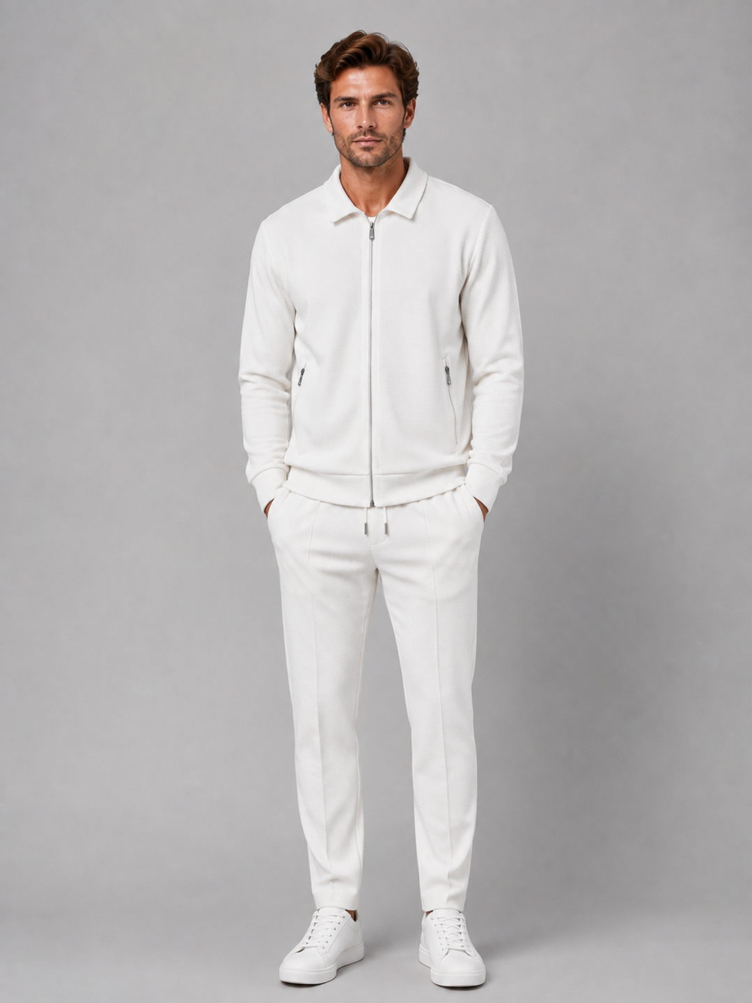 Men's Casual Textured Zip Jacket and Trousers Set