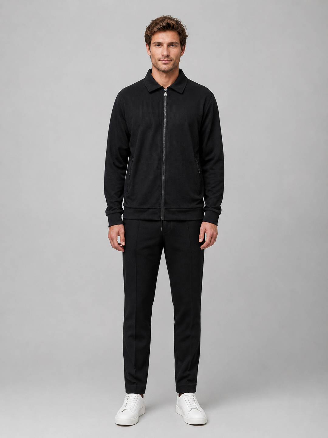 Men's Casual Textured Zip Jacket and Trousers Set