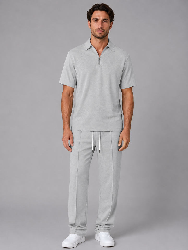 Men's Casual Waffle Knit Zip Neck Polo Shirt and Drawstring Trousers