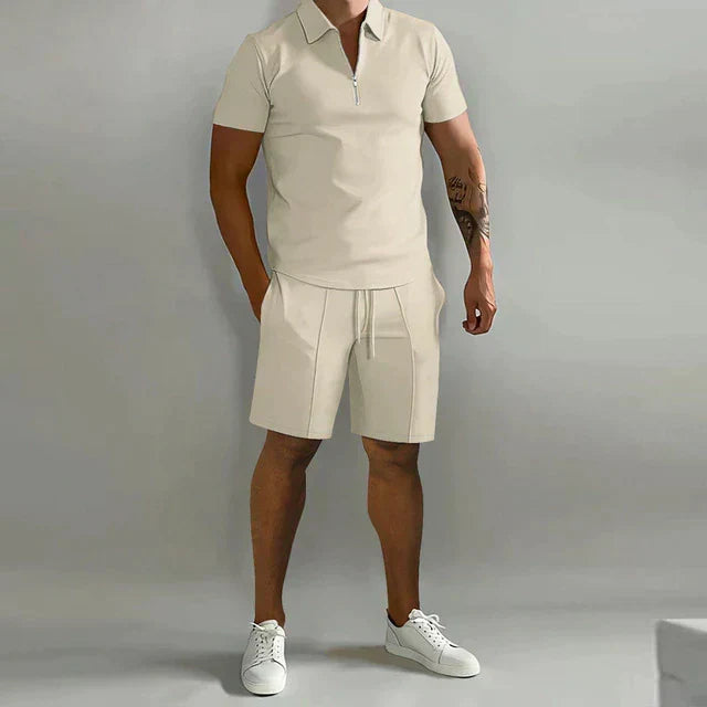 Mens Polo Shirt Quarter-Zip and Drawstring Shorts Set - Clovrio