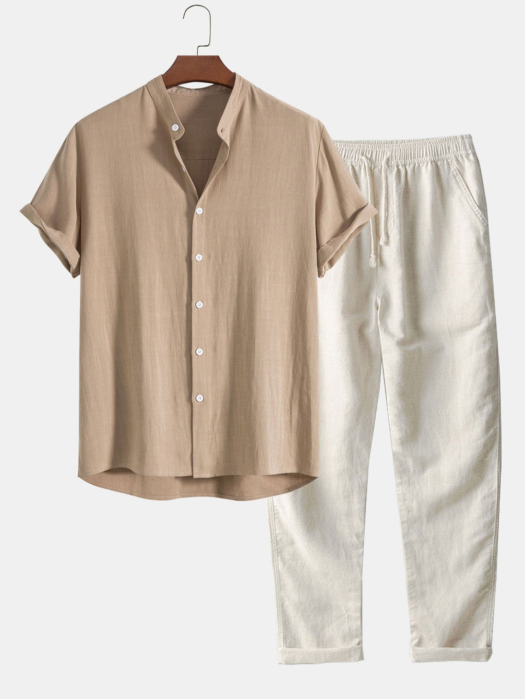 Mens Two-Piece Set Short Sleeve Shirt Drawstring Trousers