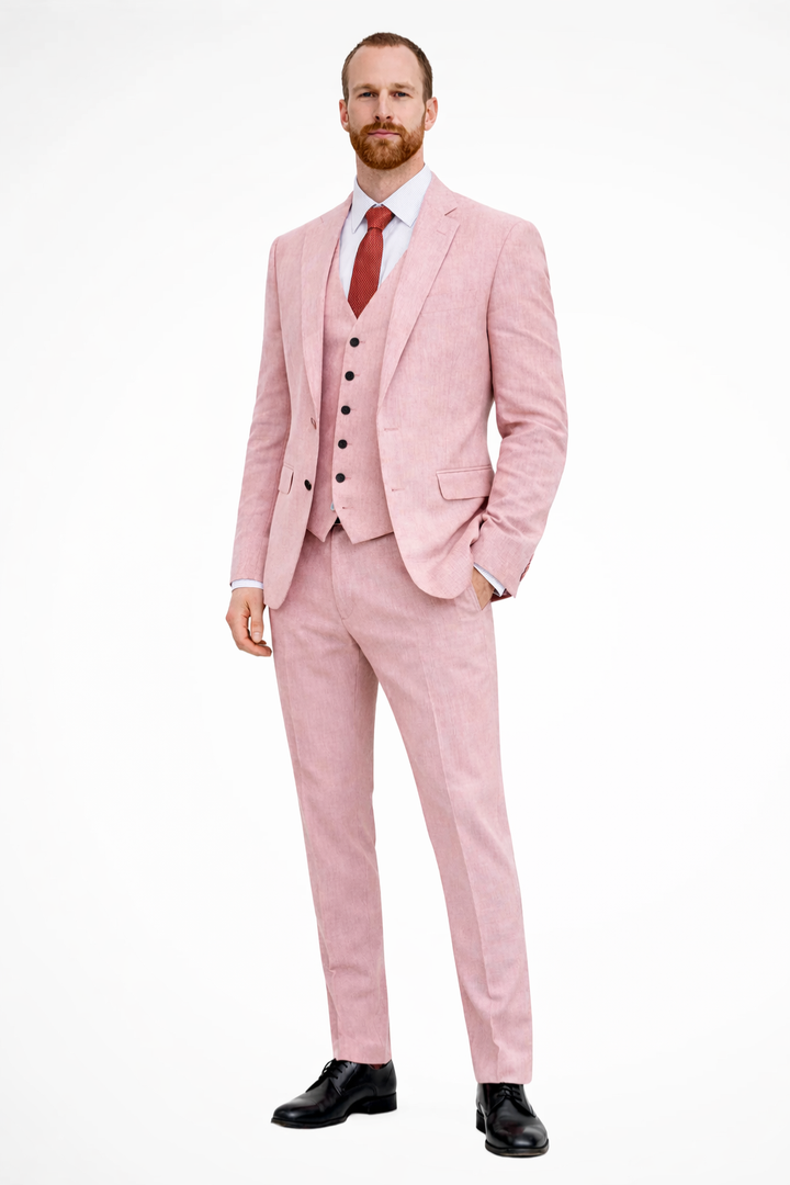 Mens Linen Three-Piece Suit Tailored Fit Single-Breasted Jacket