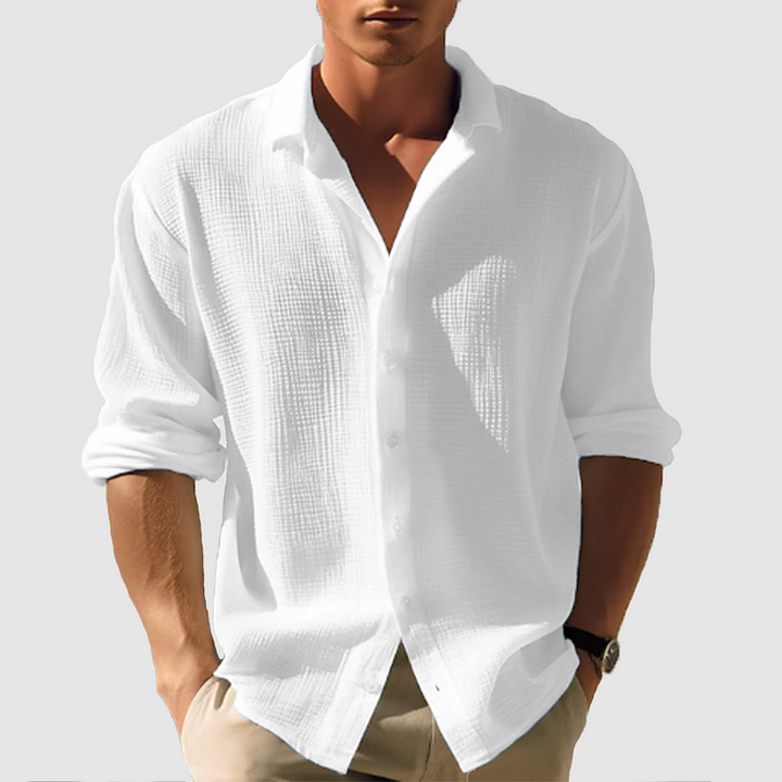 Mens Long Sleeve Shirt Linen Waffle Texture Relaxed Fit - Clovrio