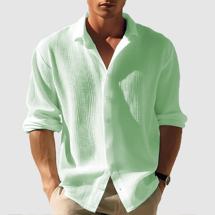Mens Long Sleeve Shirt Linen Waffle Texture Relaxed Fit