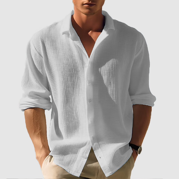 Mens Long Sleeve Shirt Linen Waffle Texture Relaxed Fit
