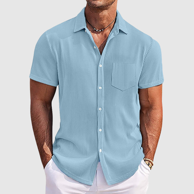 Mens Short Sleeve Shirt Ribbed Button-Down Textured Finish - Clovrio