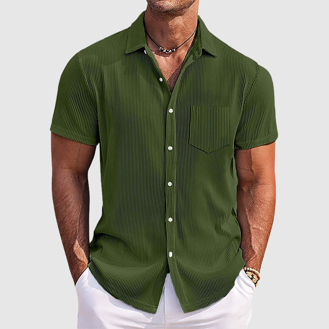 Mens Short Sleeve Shirt Ribbed Button-Down Textured Finish