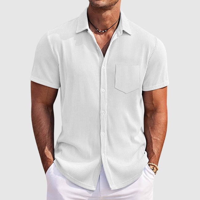 Mens Short Sleeve Shirt Ribbed Button-Down Textured Finish