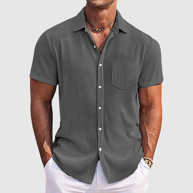 Mens Short Sleeve Shirt Ribbed Button-Down Textured Finish