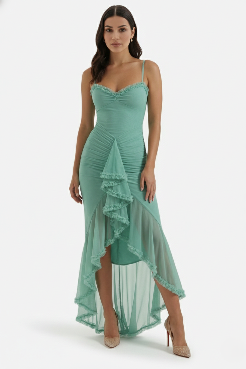 Womens Evening Gown Mesh Ruched Ruffle Asymmetrical Hem