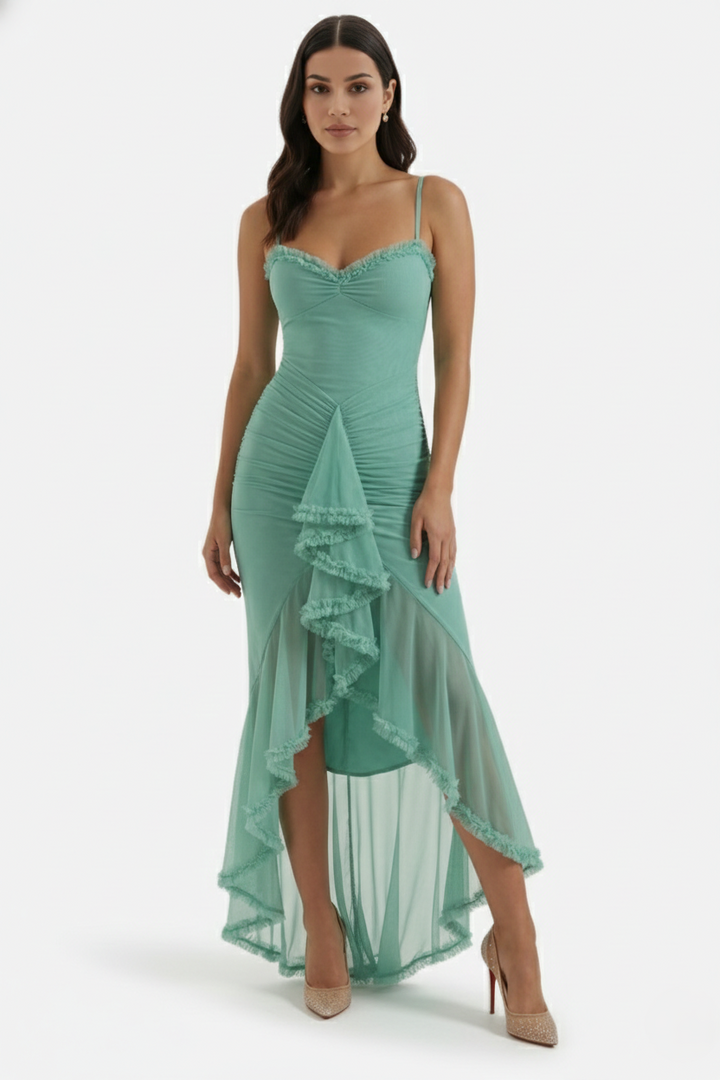 Womens Evening Gown Mesh Ruched Ruffle Asymmetrical Hem