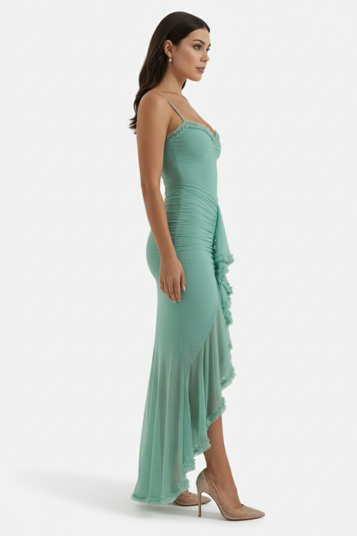 Womens Evening Gown Mesh Ruched Ruffle Asymmetrical Hem