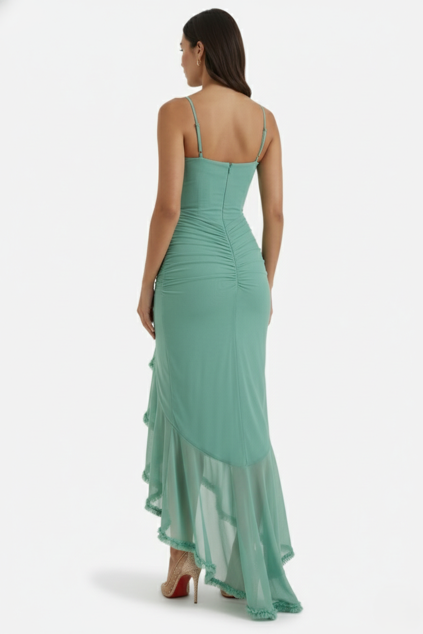 Womens Evening Gown Mesh Ruched Ruffle Asymmetrical Hem