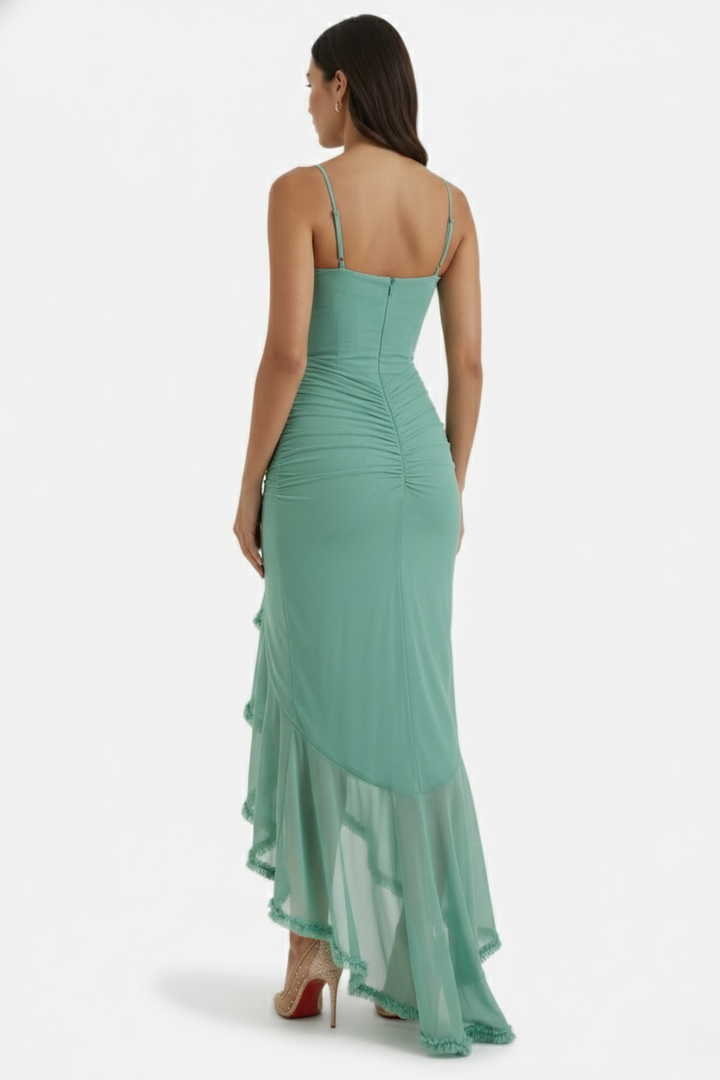 Womens Evening Gown Mesh Ruched Ruffle Asymmetrical Hem