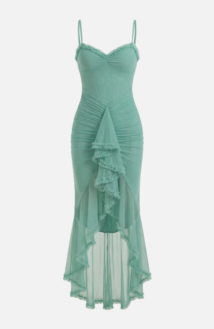 Womens Evening Gown Mesh Ruched Ruffle Asymmetrical Hem