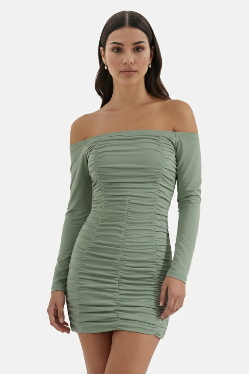 Womens Bodycon Mini Dress Ruched Off-Shoulder Long Sleeve