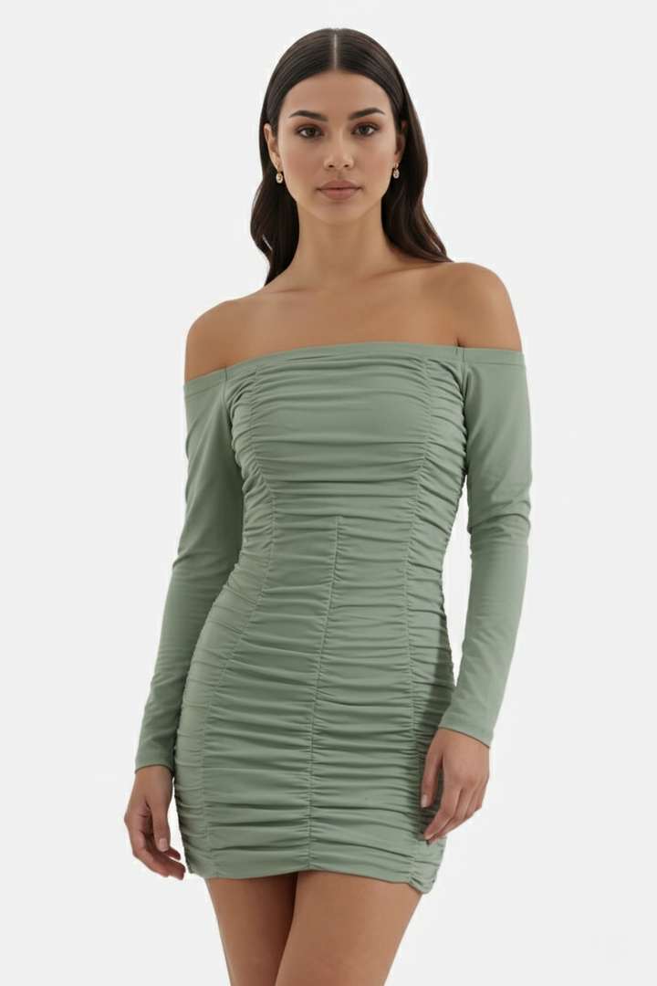 Womens Bodycon Mini Dress Ruched Off-Shoulder Long Sleeve