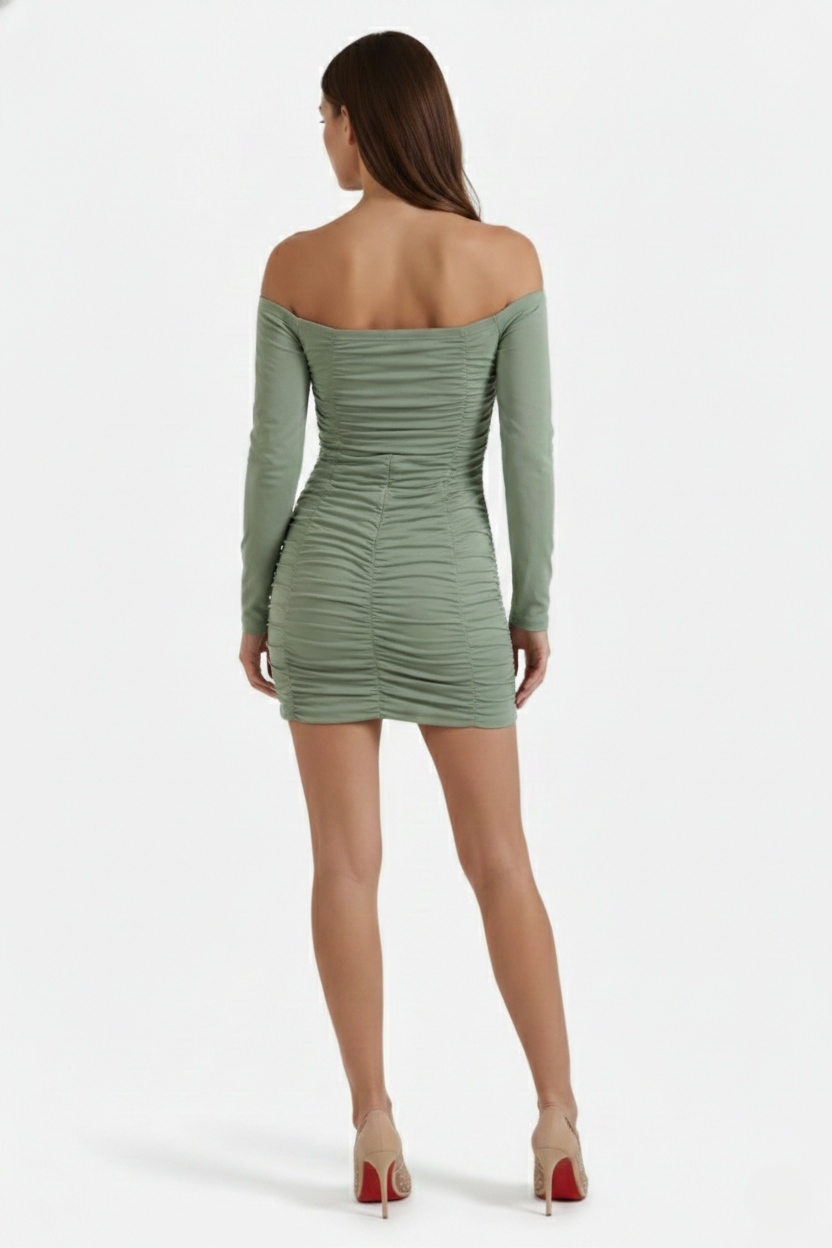 Womens Bodycon Mini Dress Ruched Off-Shoulder Long Sleeve