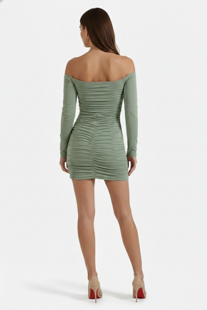 Womens Bodycon Mini Dress Ruched Off-Shoulder Long Sleeve