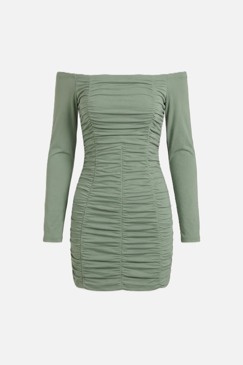 Womens Bodycon Mini Dress Ruched Off-Shoulder Long Sleeve