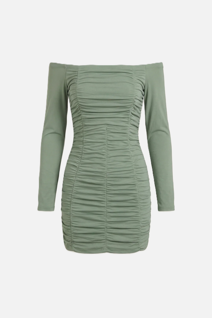 Womens Bodycon Mini Dress Ruched Off-Shoulder Long Sleeve