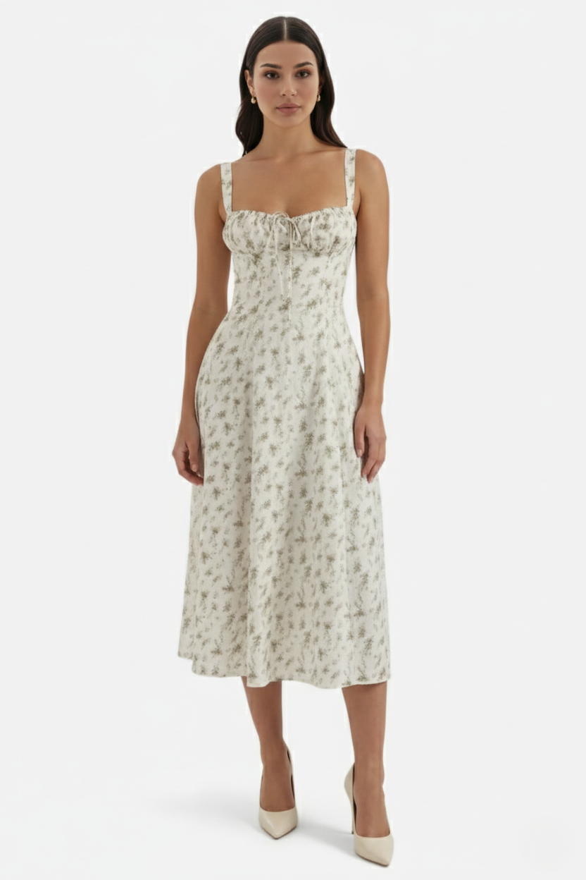 Womens Midi Dress with Sweetheart Neckline Ruched Bust A-Line