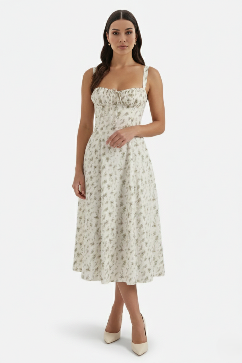 Womens Midi Dress with Sweetheart Neckline Ruched Bust A-Line