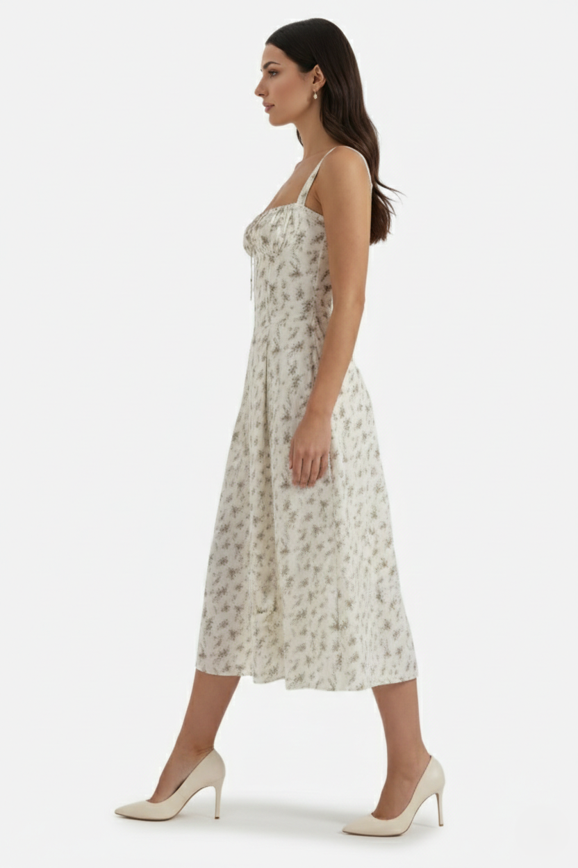 Womens Midi Dress with Sweetheart Neckline Ruched Bust A-Line