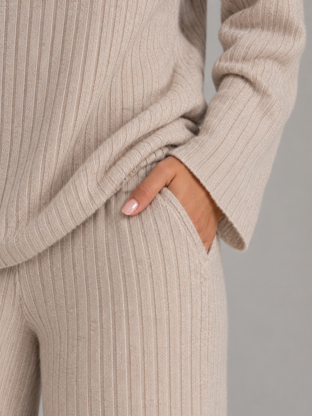 Women's Casual Ribbed Knit V-Neck Jumper and Wide Leg Trousers Set