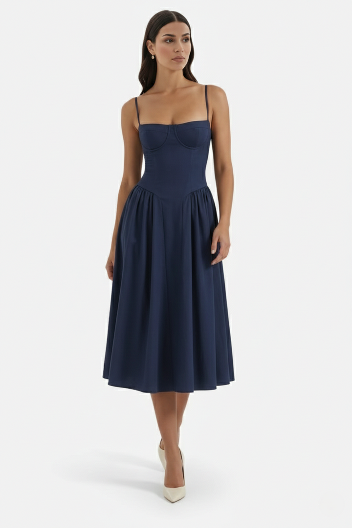 Womens Midi Dress with Waist Corset Pleated Spaghetti Straps