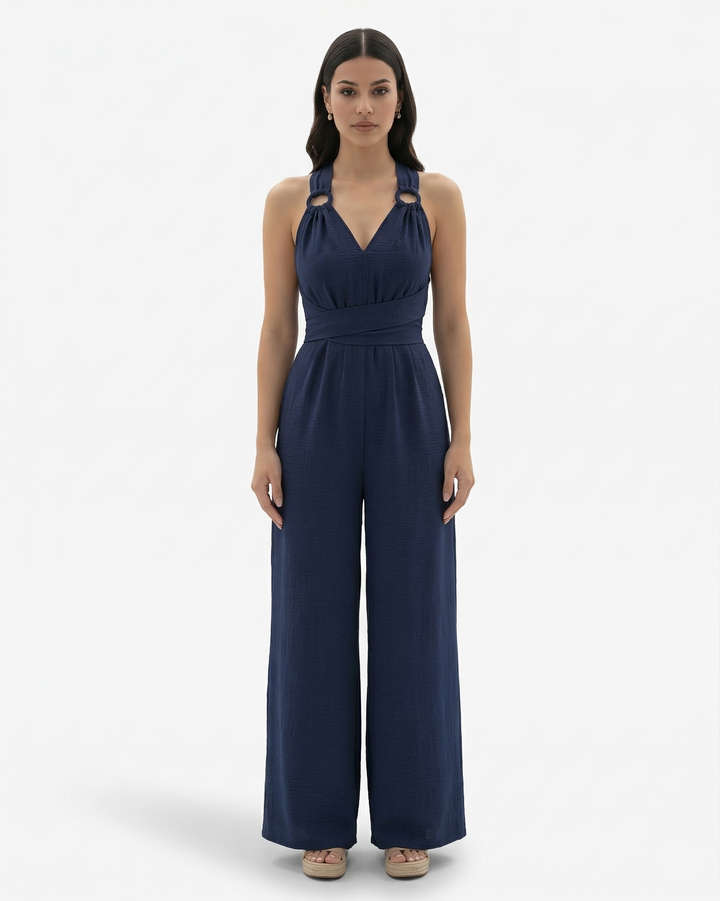 Womens Sleeveless Jumpsuit with V-Neck Tie Waist Wide Leg