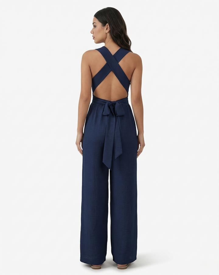 Womens Sleeveless Jumpsuit with V-Neck Tie Waist Wide Leg