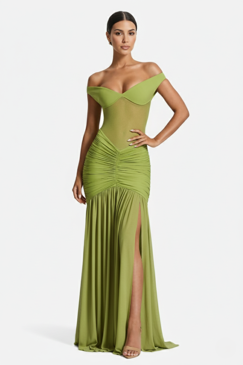 Womens Evening Maxi Dress Mesh Bodice Ruched Off-Shoulder - Clovrio