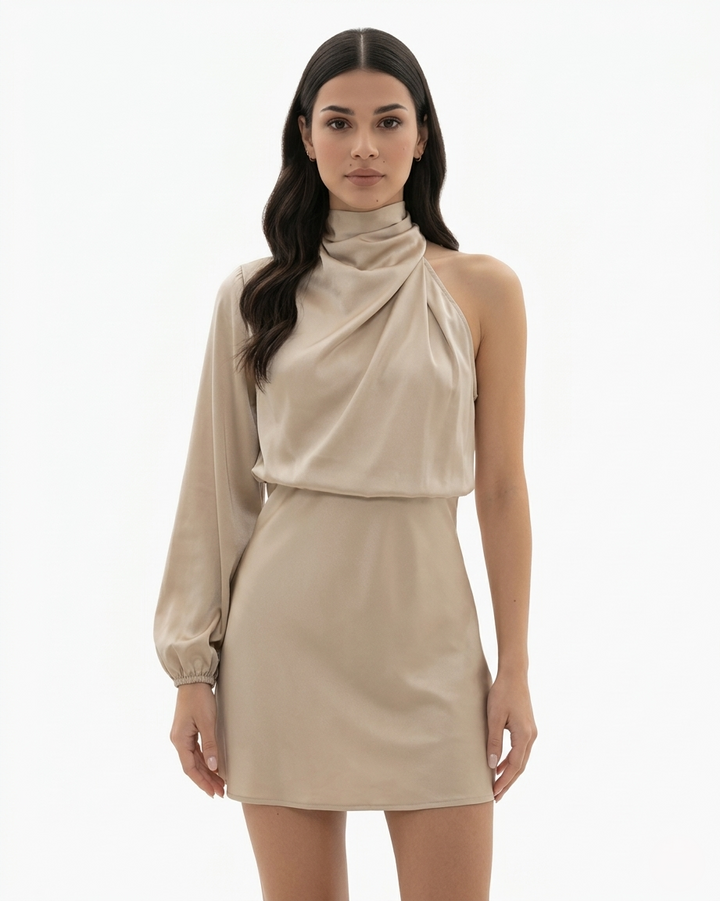 Womens One Shoulder Mini Dress High Neck Draped Long Sleeve