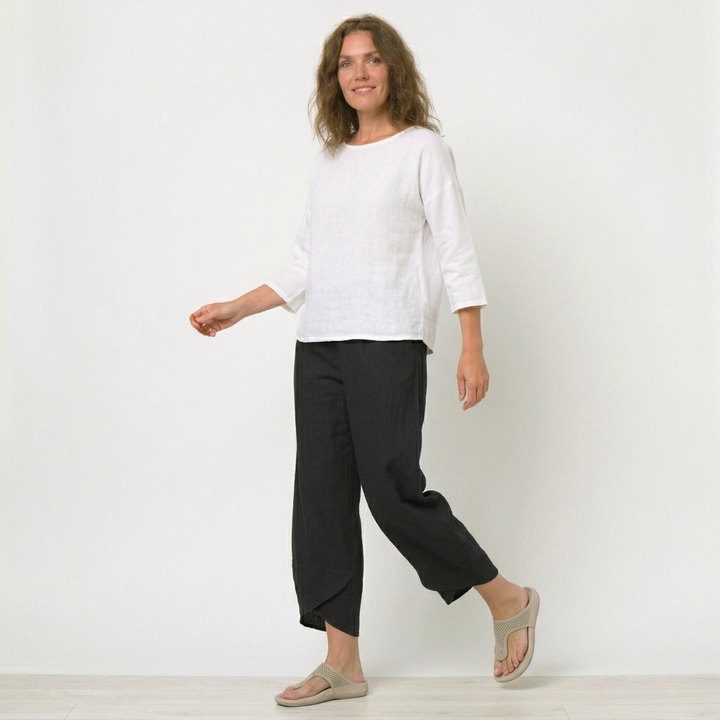 Womens High-Waisted Linen Trousers Tulip Hem Lightweight