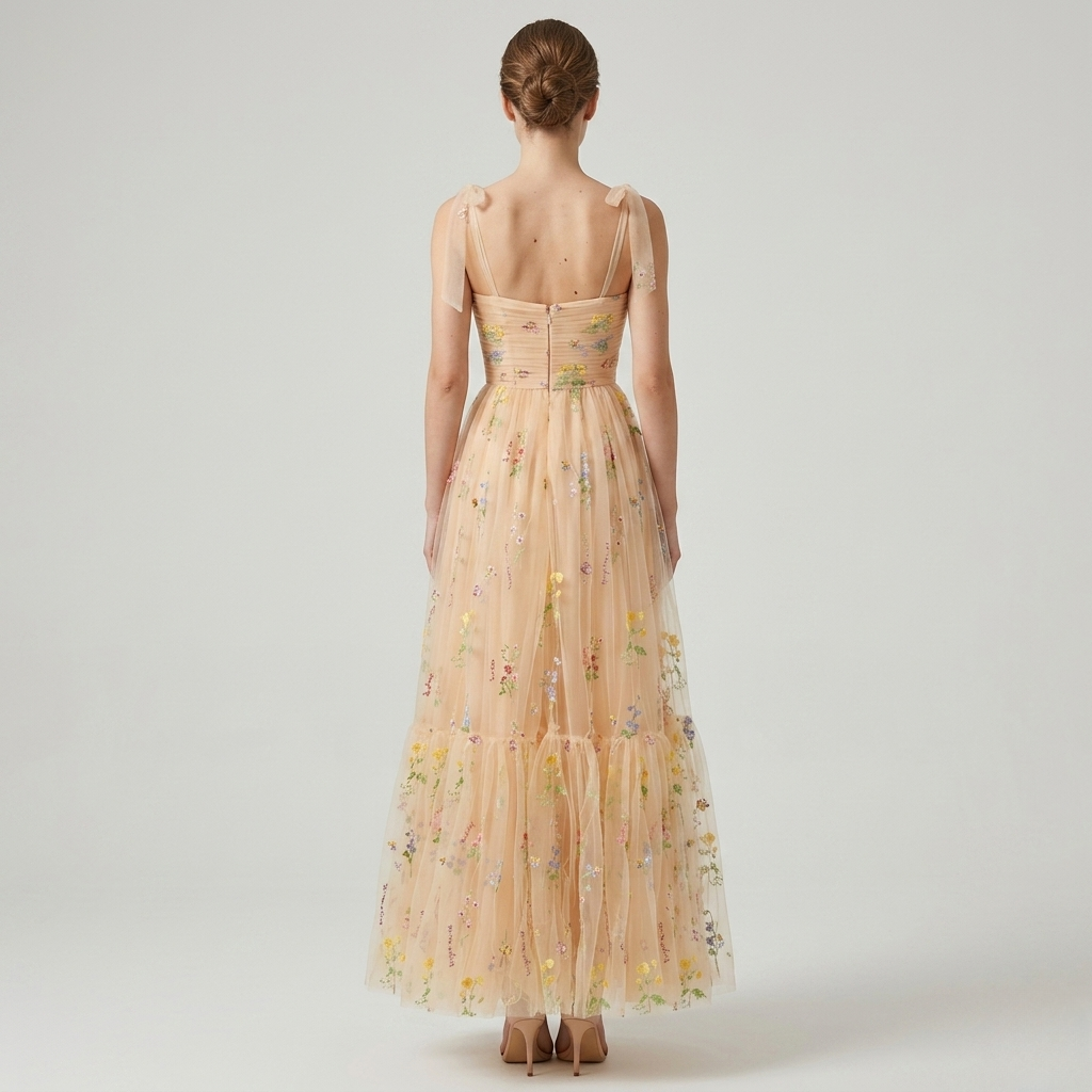 Womens Maxi Dress with Sweetheart Neckline and Floral Embroidery