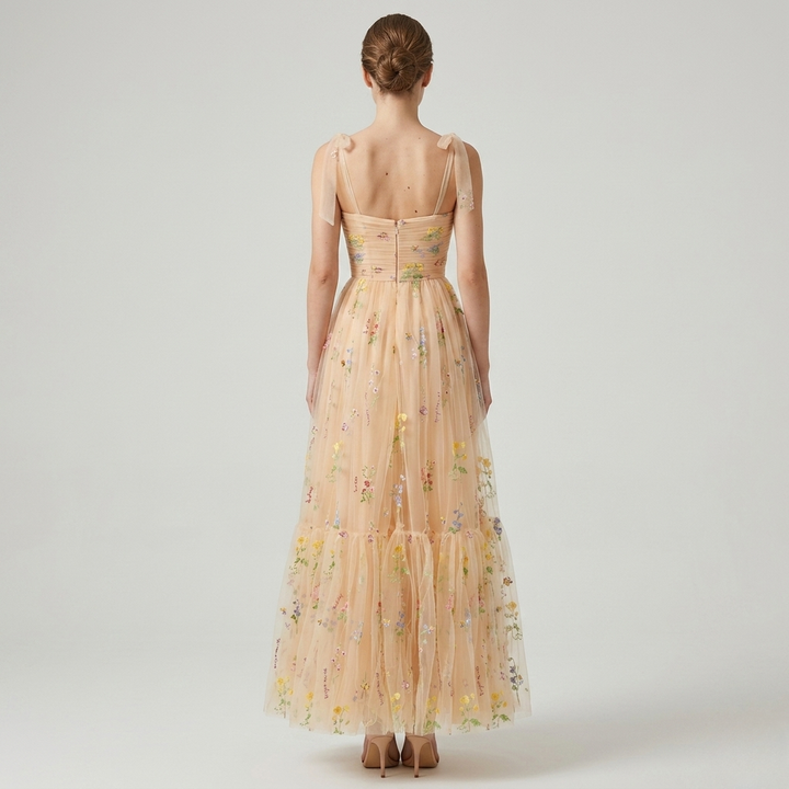 Womens Maxi Dress with Sweetheart Neckline and Floral Embroidery