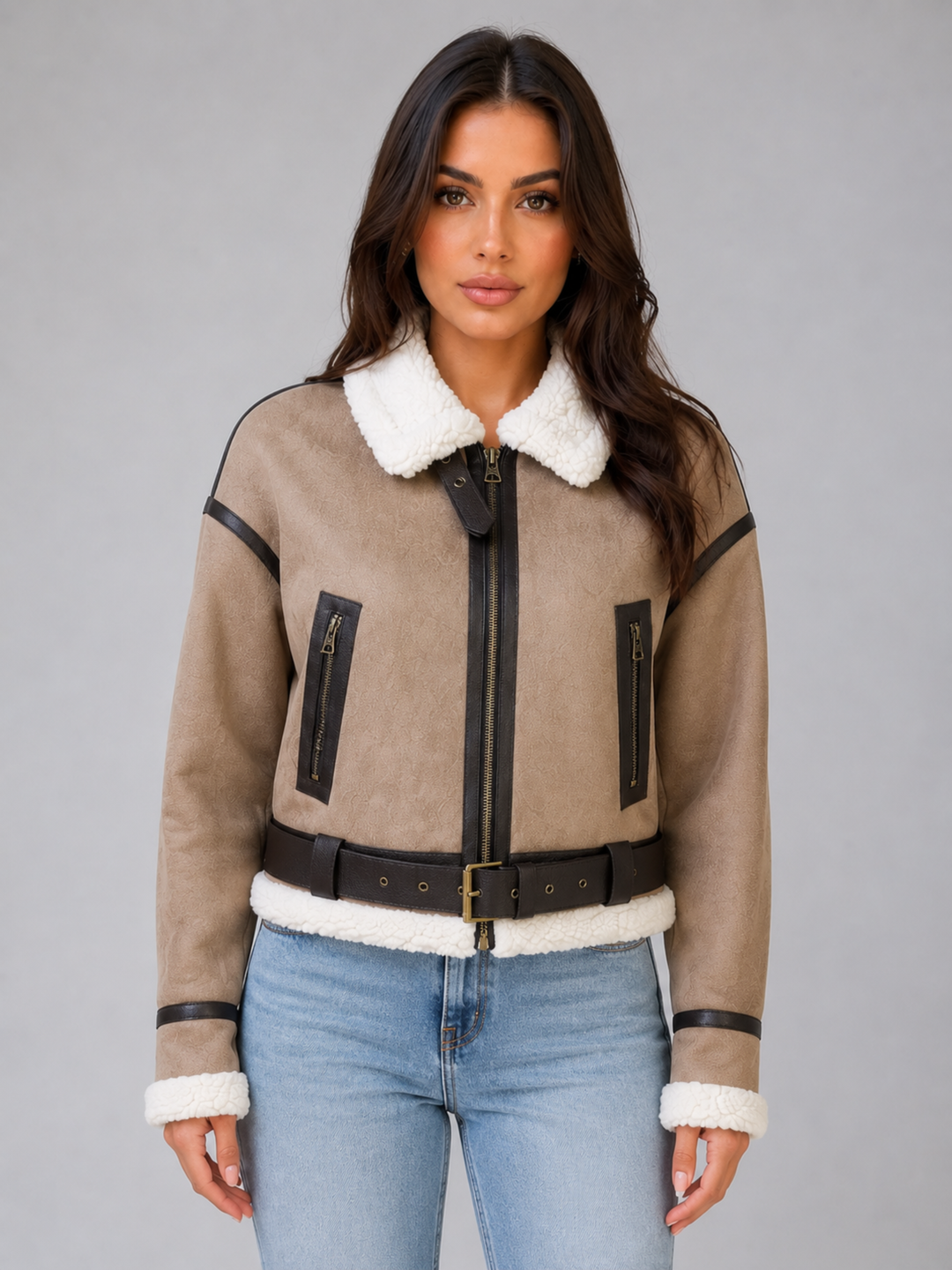 Women's Stylish Suede Look Cropped Aviator Jacket with Teddy Lining