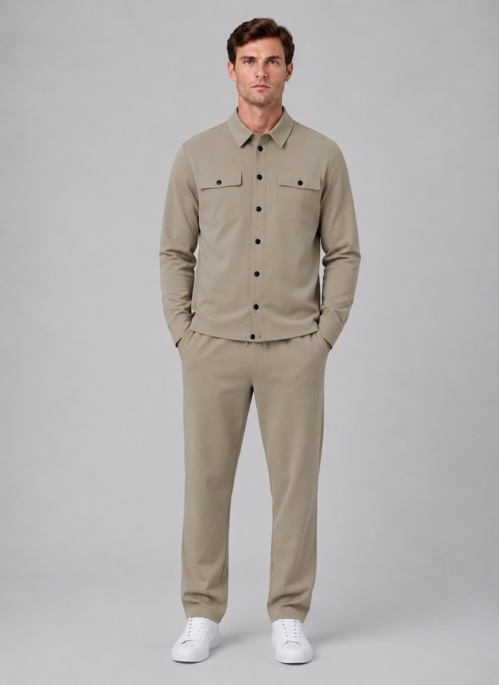 Men's Casual Cotton Blend Relaxed Fit Overshirt and Trousers Set