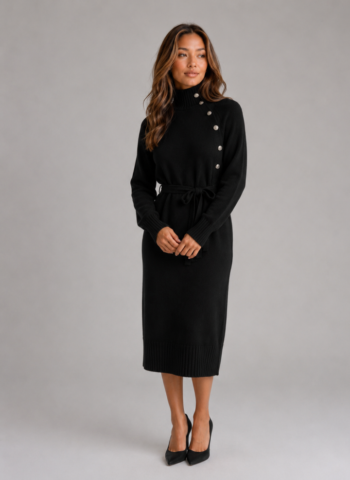 Women's Casual Cotton Knit Roll Neck Midi Dress with Belt