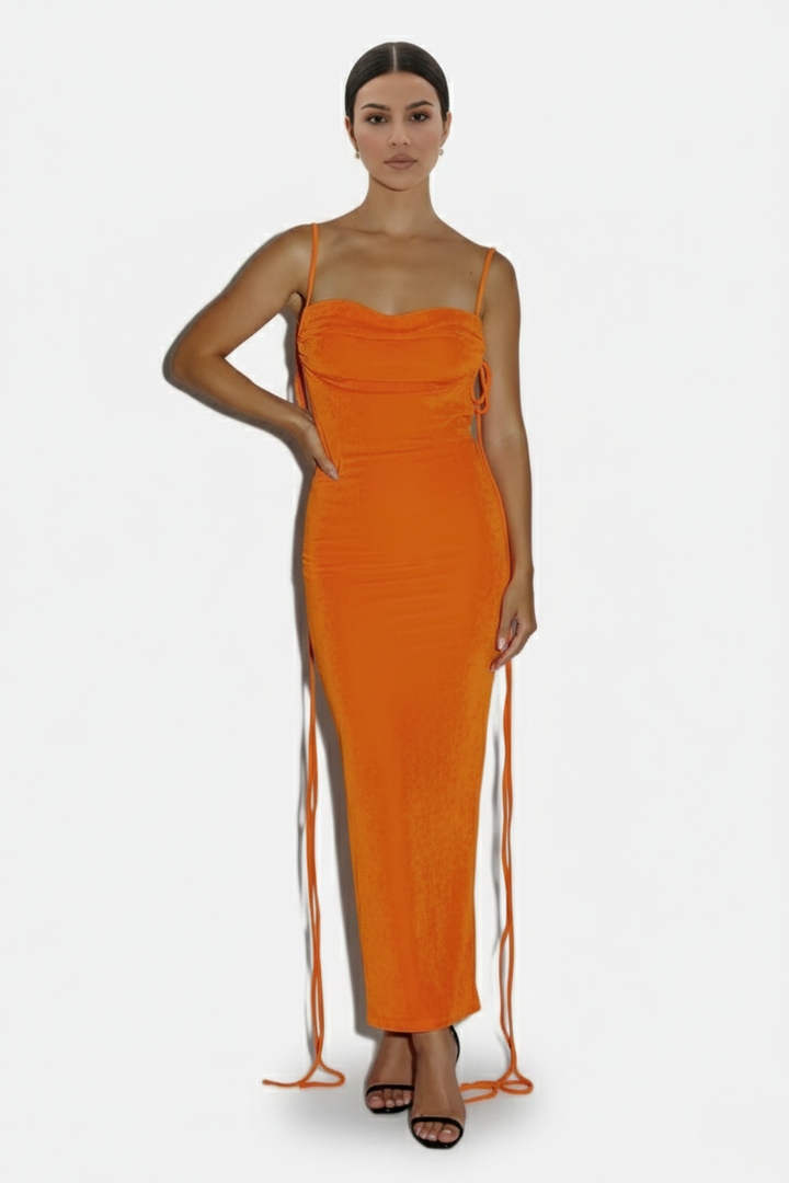 Womens Maxi Dress Spaghetti Strap Backless Tie Back