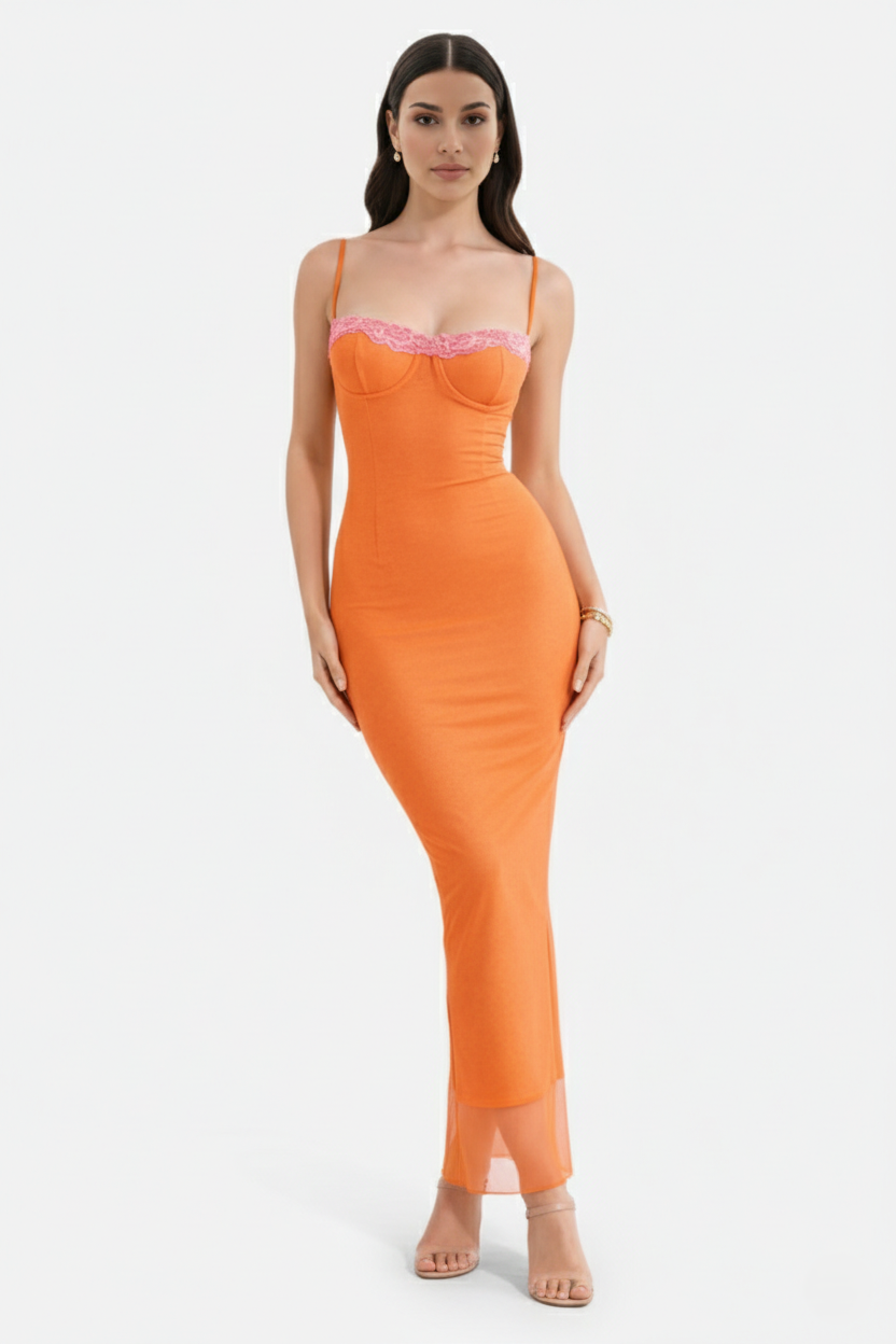 Womens Fitted Maxi Dress with Lace Trim Spaghetti Straps - Clovrio