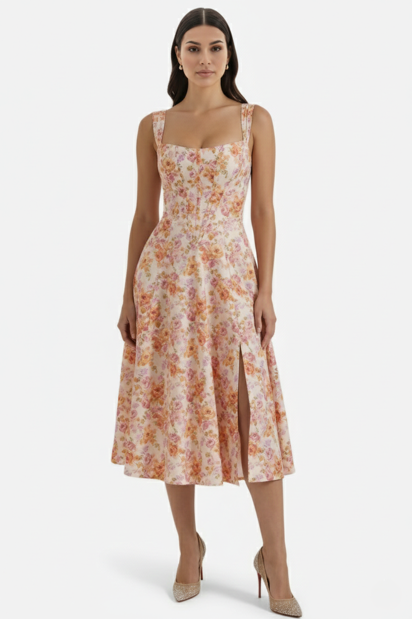 Womens Midi Sundress Floral Print Corset Bodice Side Slit