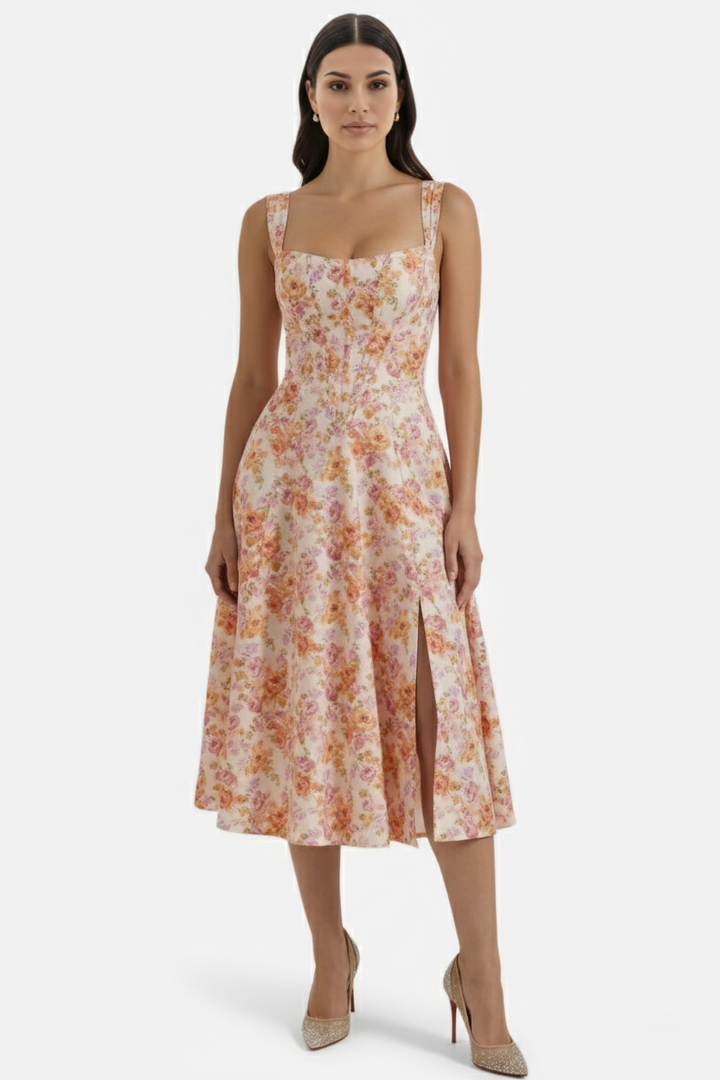 Womens Midi Sundress Floral Print Corset Bodice Side Slit